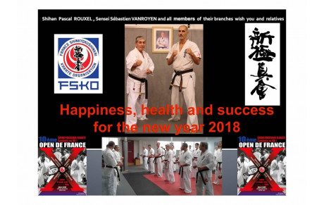 SHIHAN PASCAL, SENSEI SEBASTIEN, SEMPAI OLIVIER, BERNARD ET SEMPAI HERVE SOUHAITENT A TOUS LEURS MEMBRES UNE EXCELLENTE ANNEE 2018!!! OSU